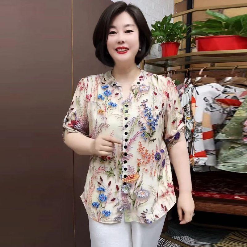 Women's Silk Blouse Summer Loose Floral Plus-Size Shirt V-Neck Printed Silk Shirt