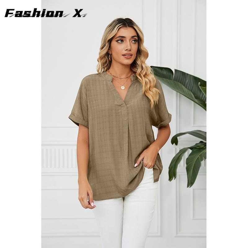 Ladies Fashion T-shirt V-neck Casual Pullover Blouse Women Loose Blouse Tops Women