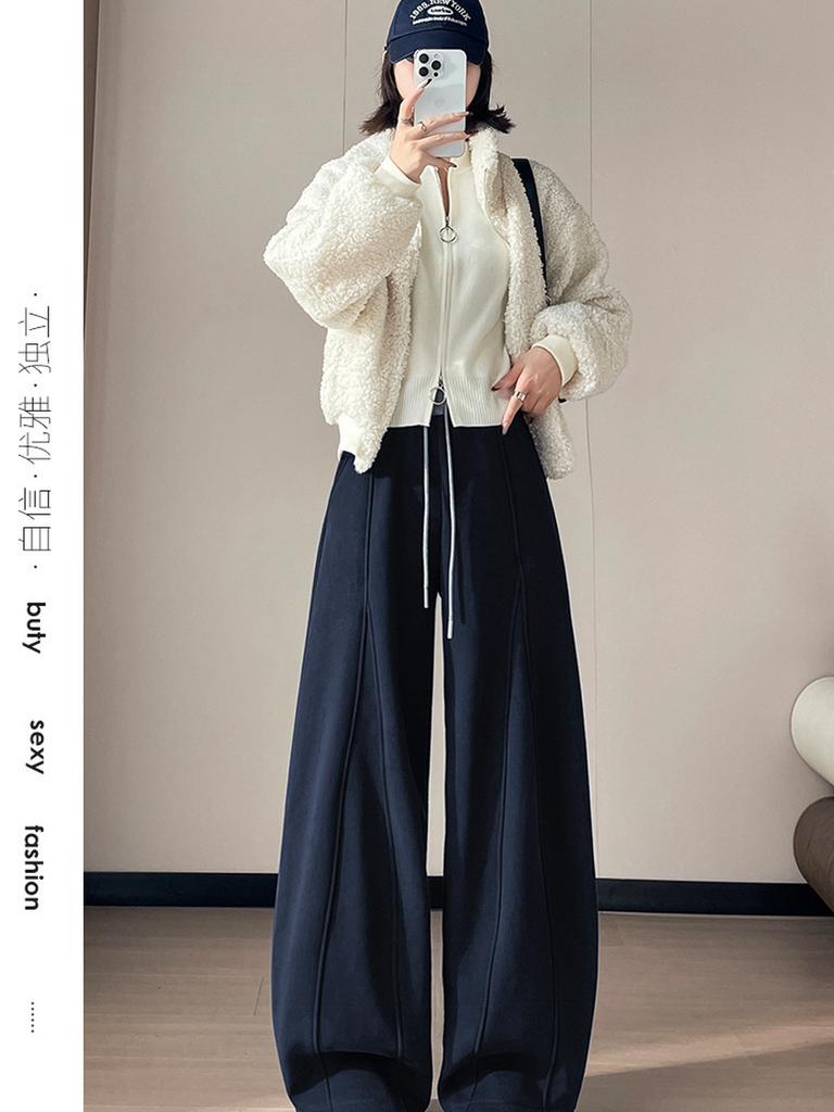 Autumn Winter New Style Fleece Thick High Waist Knife Leg Pants Women Wide Leg Casual Pants