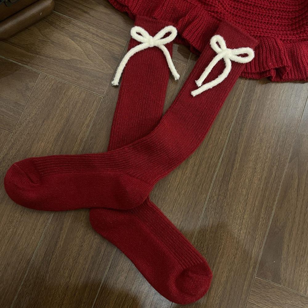 

New Breathable Winter Compression Stocking Casual Bowknot Female Hosiery Sweat-absorbing Cashmere Bow Middle Tube Socks Gift красный