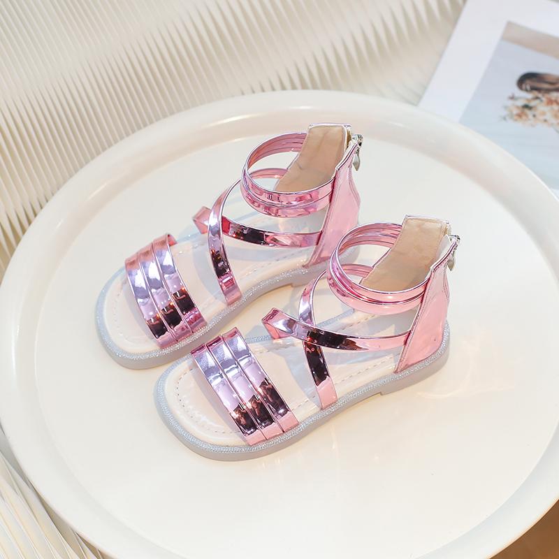 Girls Gladiator Sandals Non-slip Kids Glossy Princess Sandals Cut-outs Fashion Children Summer Beach Shoes Zipper Anti-Slippery