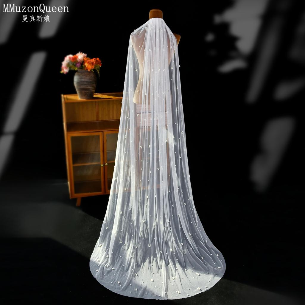 Einstufiger Tüll-Brautschleier mit Perlenbesatz und Metallkamm, 100 cm/200 cm lang, Weißer Hochzeitschleier für Braut, Elopement, Hochzeitsporträt, Fotoshooting