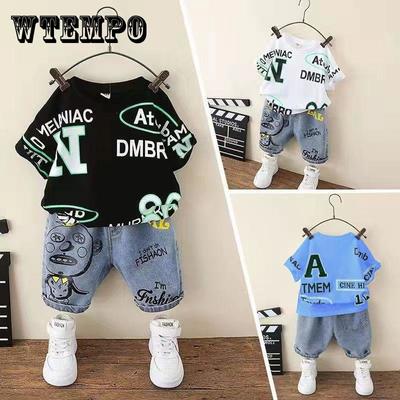 Children's Clothing Boy Summer Suit Cartoon Boy Western Style Children's All-match Short-sleeved Two-piece Suit Cropped Pants + T-shirt Suit