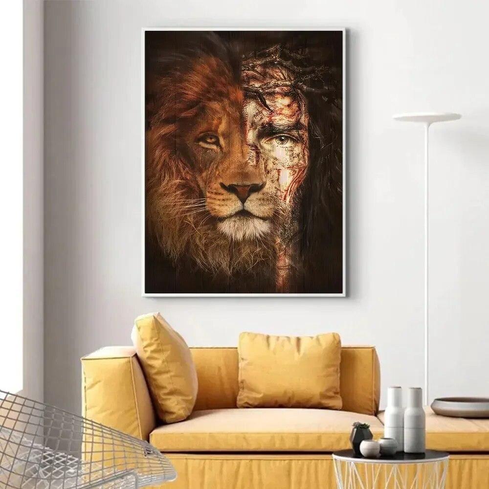 Vintage Animal Lion And Jesus Poster Prints Canvas Painting Cross Christian Wall Art Pictures For Religion Room Home Decor Mural