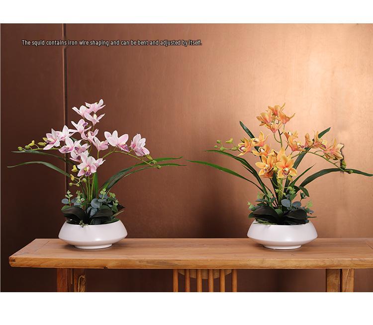 Umelé kvetinové aranžmán s orchideou Cymbidium pre obývaciu izbu, jedálenský stôl alebo na vystavenie na TV skrinke