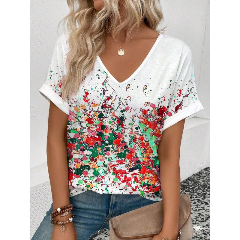 Womens V-Neck Short Sleeve T-Shirt With Leopard Print 3D Effect Colorful Ink Loose Fit Casual Office Wear