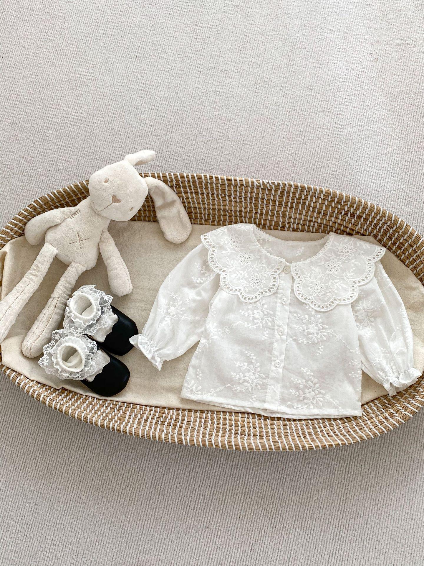 Baby Girl Spring Autumn Solid Shirt with Peter Pan Collar and Suspenders Romper Set 66