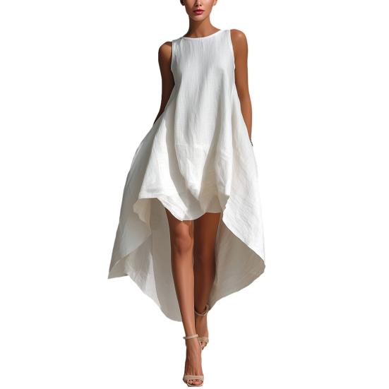 Women's Cotton Linen Sleeveless Midi Dress Crew Neck Asymmetric Hem Tank Dress Summer Casual Beach Sundress