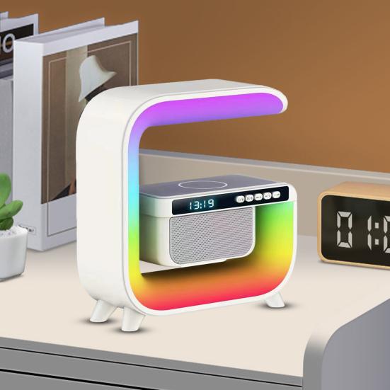 Wireless Charging Speaker Alarm Clock with Colorful Atmosphere Light G-shaped Multi-functional Bluetooth-compatible Desk Lamp Speaker