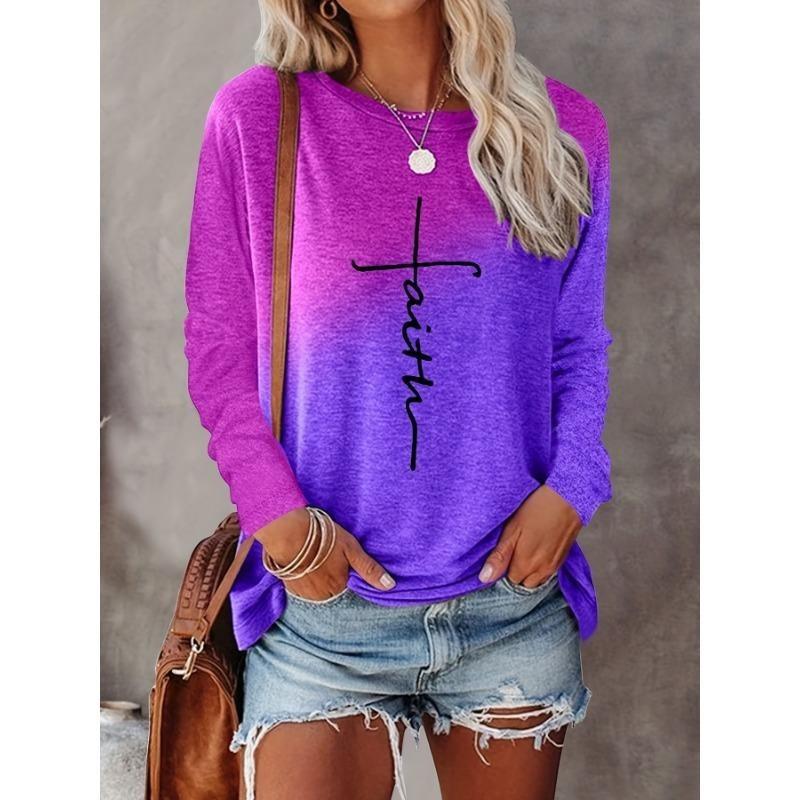 Gradient Faith Letter Print Women's T-shirt Long Sleeve Top Female Graphic Blouse Women's Clothing Shirts Autumn Outdoor Casual