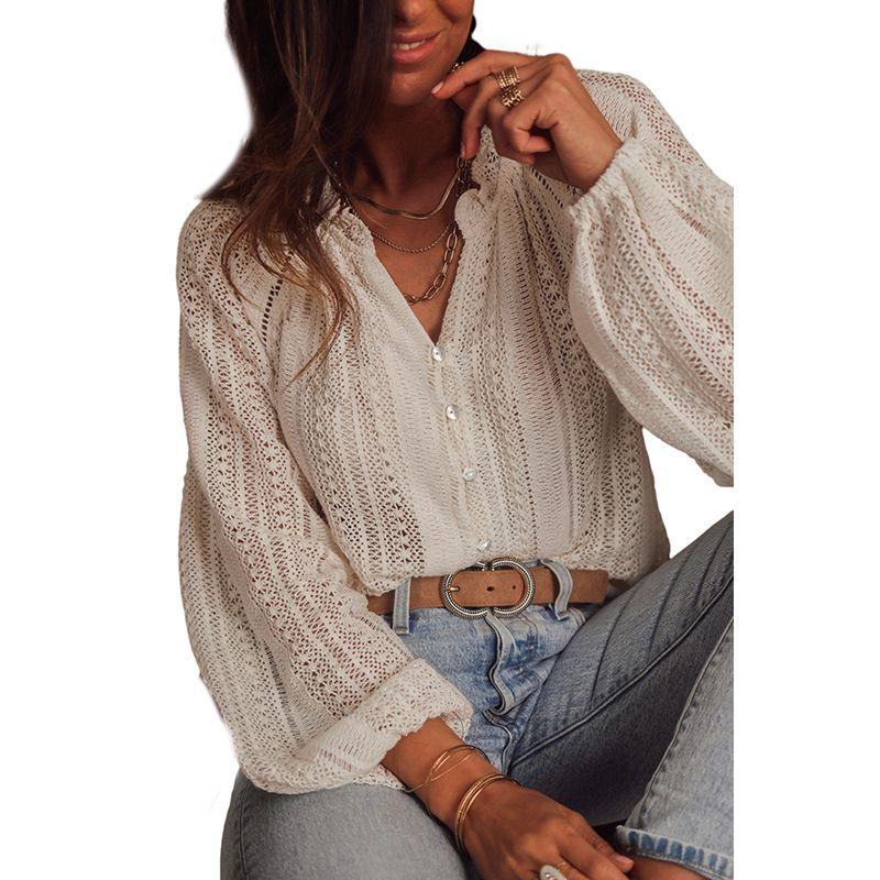 

Модный V-образный вырез, однобортный, длинный рукав, свободный и элегантный кружевной White P101 Size L fit (62.50 kg-70.00 kg