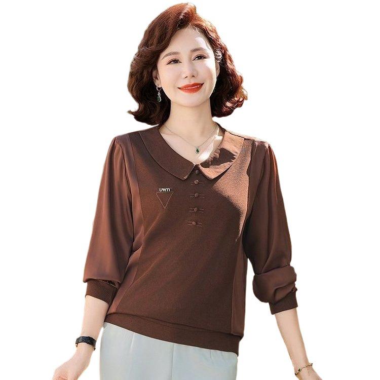 2025 Spring & Autumn Elegant Long Sleeve Lapel T-Shirt for Middle-Aged and Elderly Women - Tummy Covering Base Layer