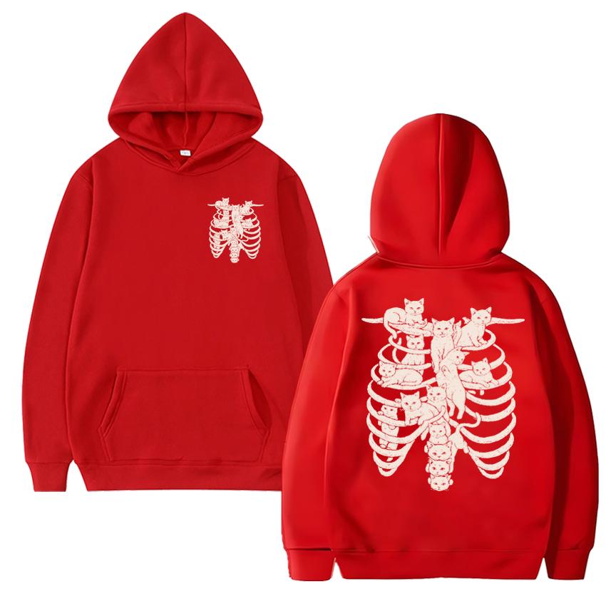 Gothic Harajuku Skeleton Cat Double Sided Printed Hoodies Men Women Fleece Casual Streetwear Pullovers Unisex Vintage Sweatshirt