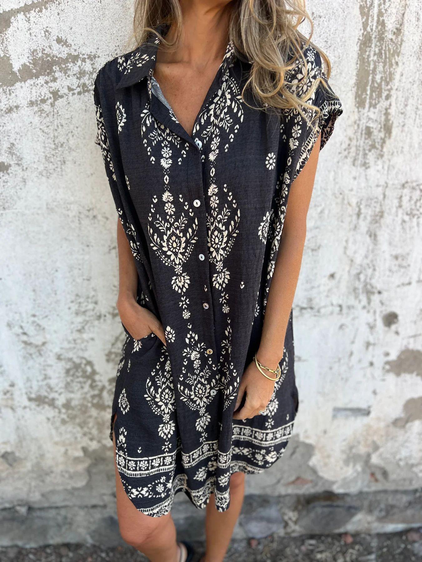 

2026 Summer Women s Casual Cotton Linen Shirt Dress with Pocket Print S чорний