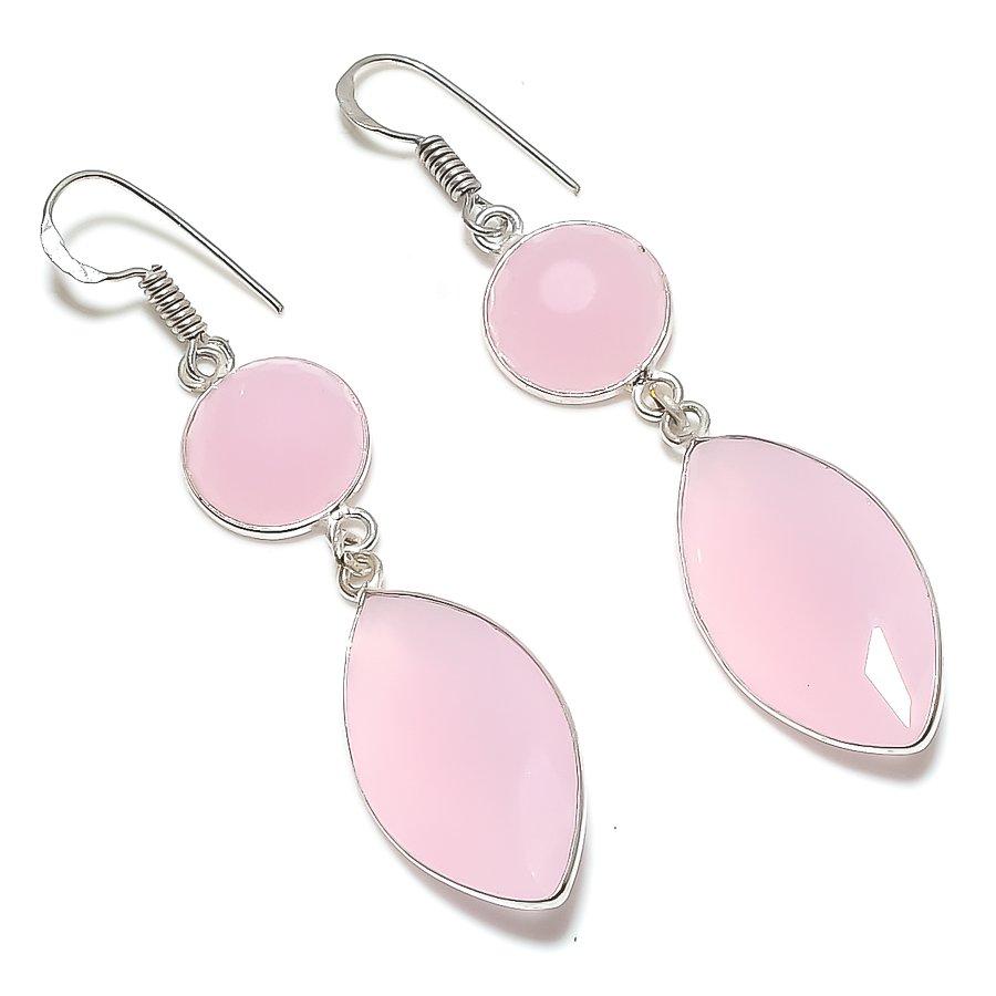 

Серьги ручной работы из стерлингового серебра 925 пробы с натуральным розовым халцедоном 2,56 дюйма R4C22