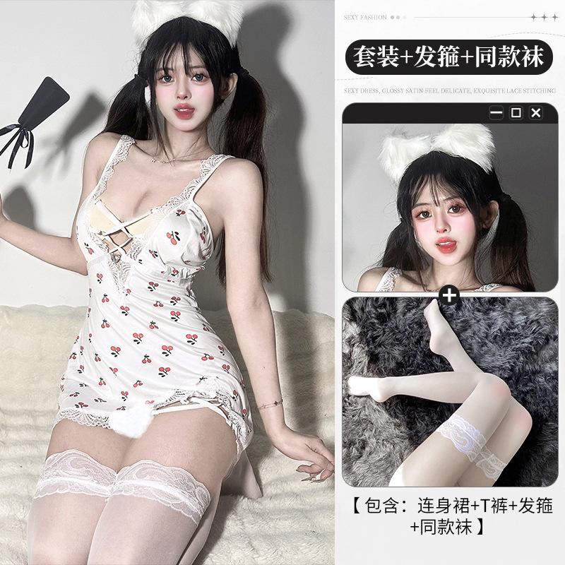 Cream cherry sauce sexy lingerie women's sweet lace nightdress sexy straps hollow sling nightdress
