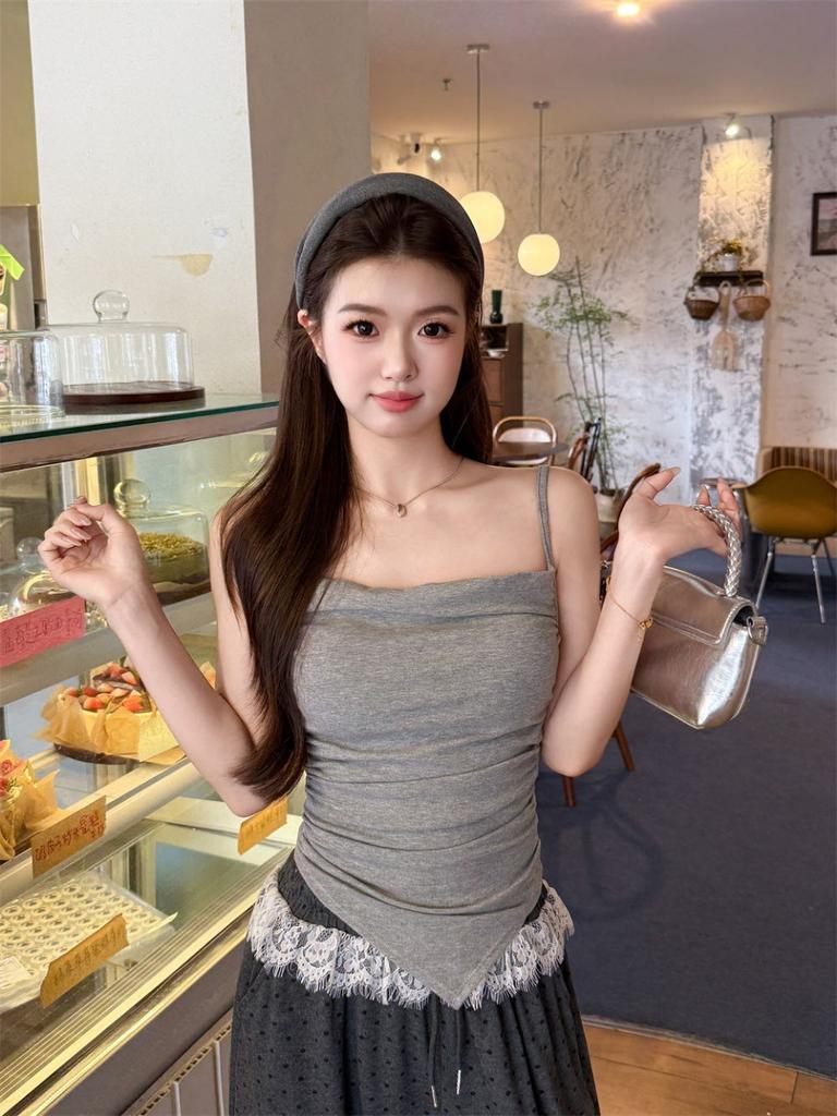 #Summer New Pure Desire Wind Pleated Design Sling Vest Slim and Thin Women's Fixed Chest Pad Top