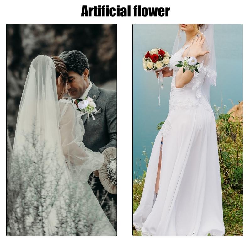 5Pcs Wrist Corsages Bracelets Artificial Rose Boutonniere for Grooms and Bride Wedding Party Proms Suit Decorations