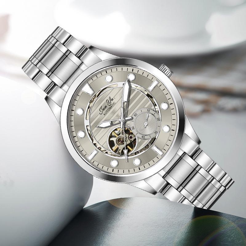 Mens Automatic Mechanical Watch Grey Skeleton Dial Luminous Hands Waterproof Business Wristwatch