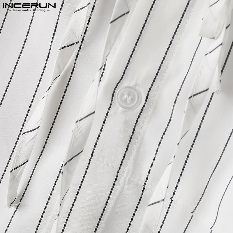 INCERUN Podzimní pánské stojací límeček s dlouhým rukávem pruhované košile Bagge Bandage Tops
