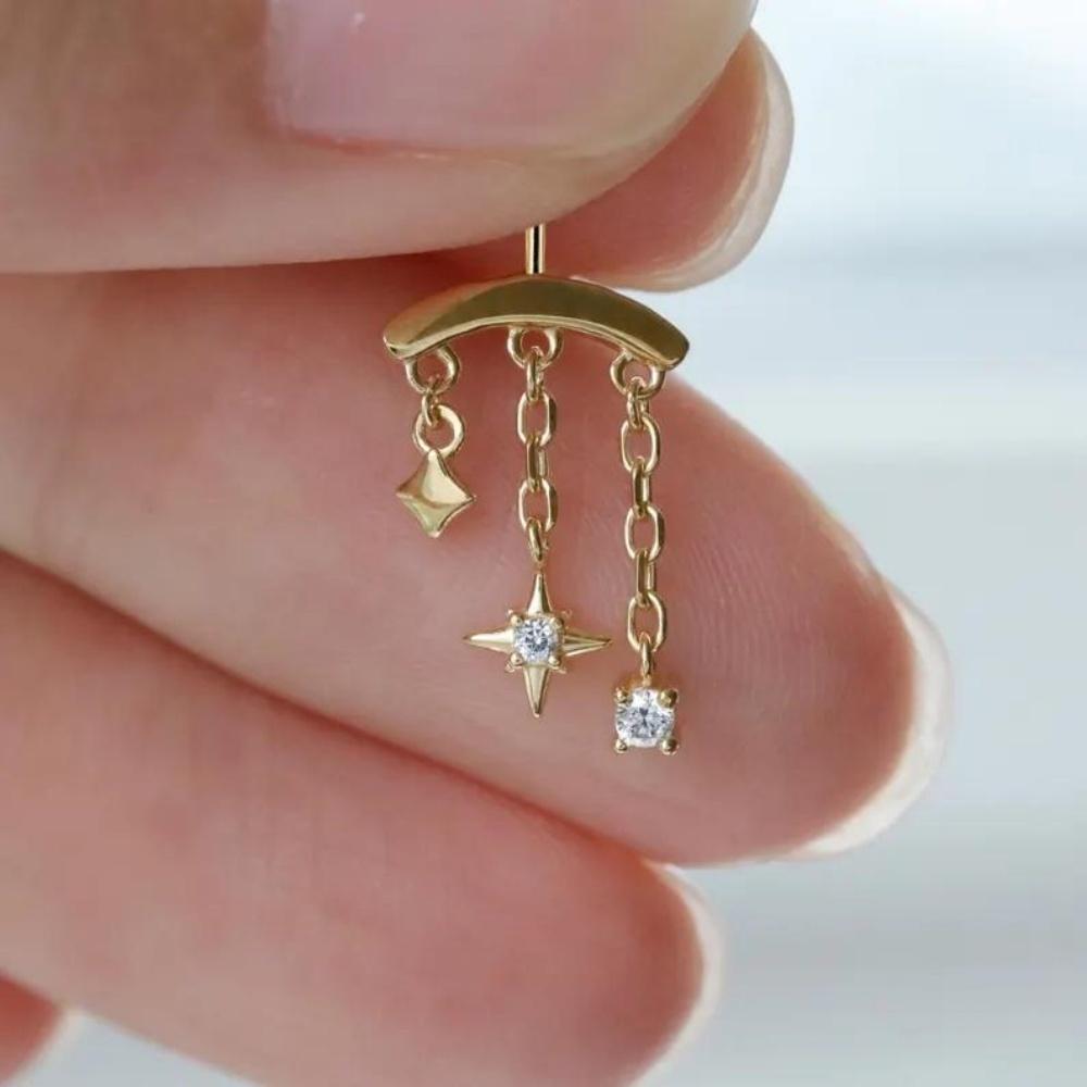 CANNER 1PC 925 Silver Eight-pointed Star CZ Piercing Earring For Women Tassel Chain Stud Earring Party Fine Jewelry
