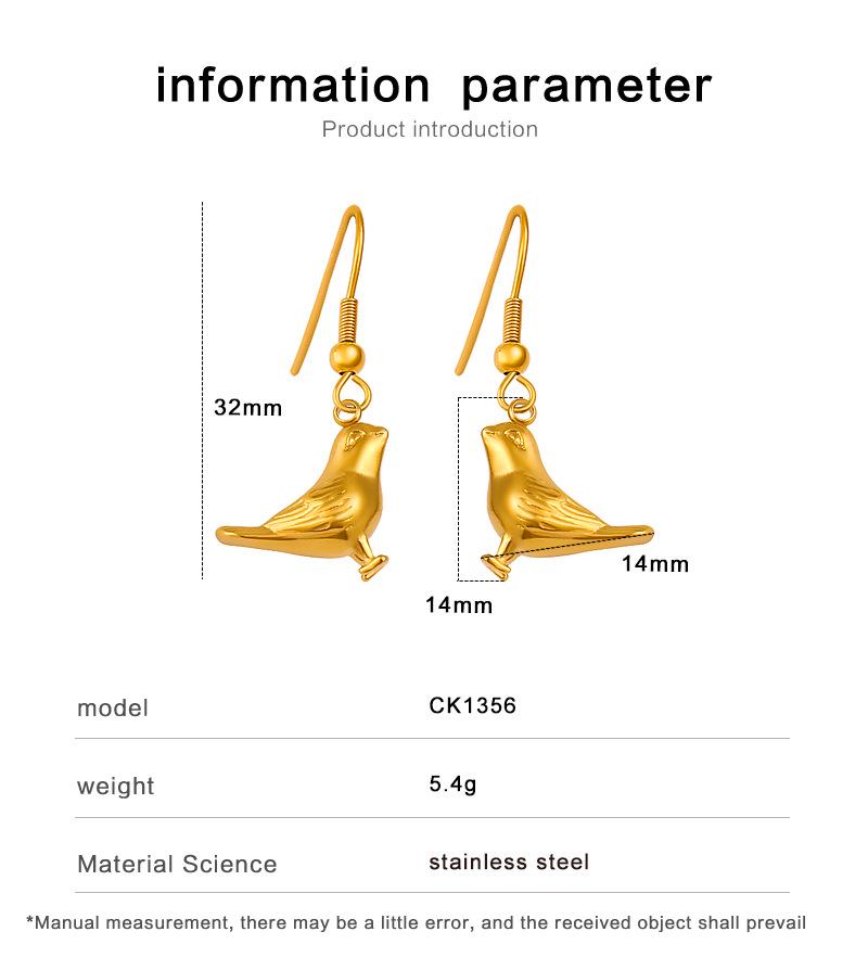18K Gold Titanium Steel Bird Pendant Hook Earrings – High-End, Unique Design