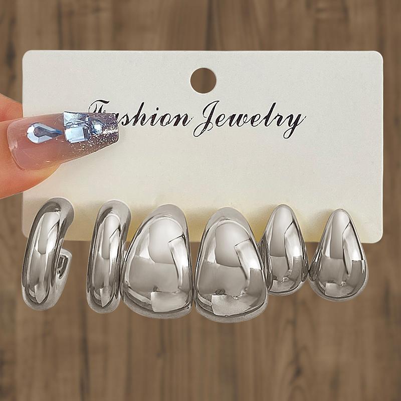 6Pcs Vintage Smooth Water Drop C-Earrings Set for Women Geometric Gold Color Circle Hoop Earring Zircon Ear Studs Jewelry Gifts