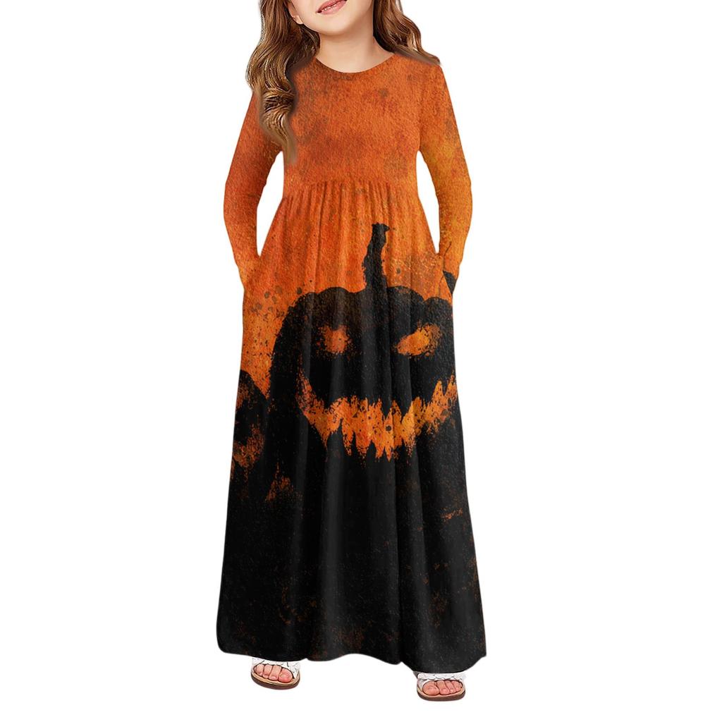 Girls' Maxi Dress Halloween Day- Long Sleeve Pocket Dress