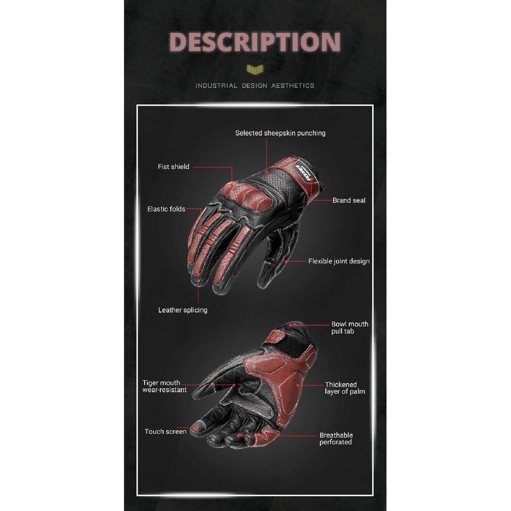 Retro Motorcycle Gloves Unisex Soft Leather With Airflow Perforated Knuckles Touchscreen Fingers for Vintage Riding Style Gloves
