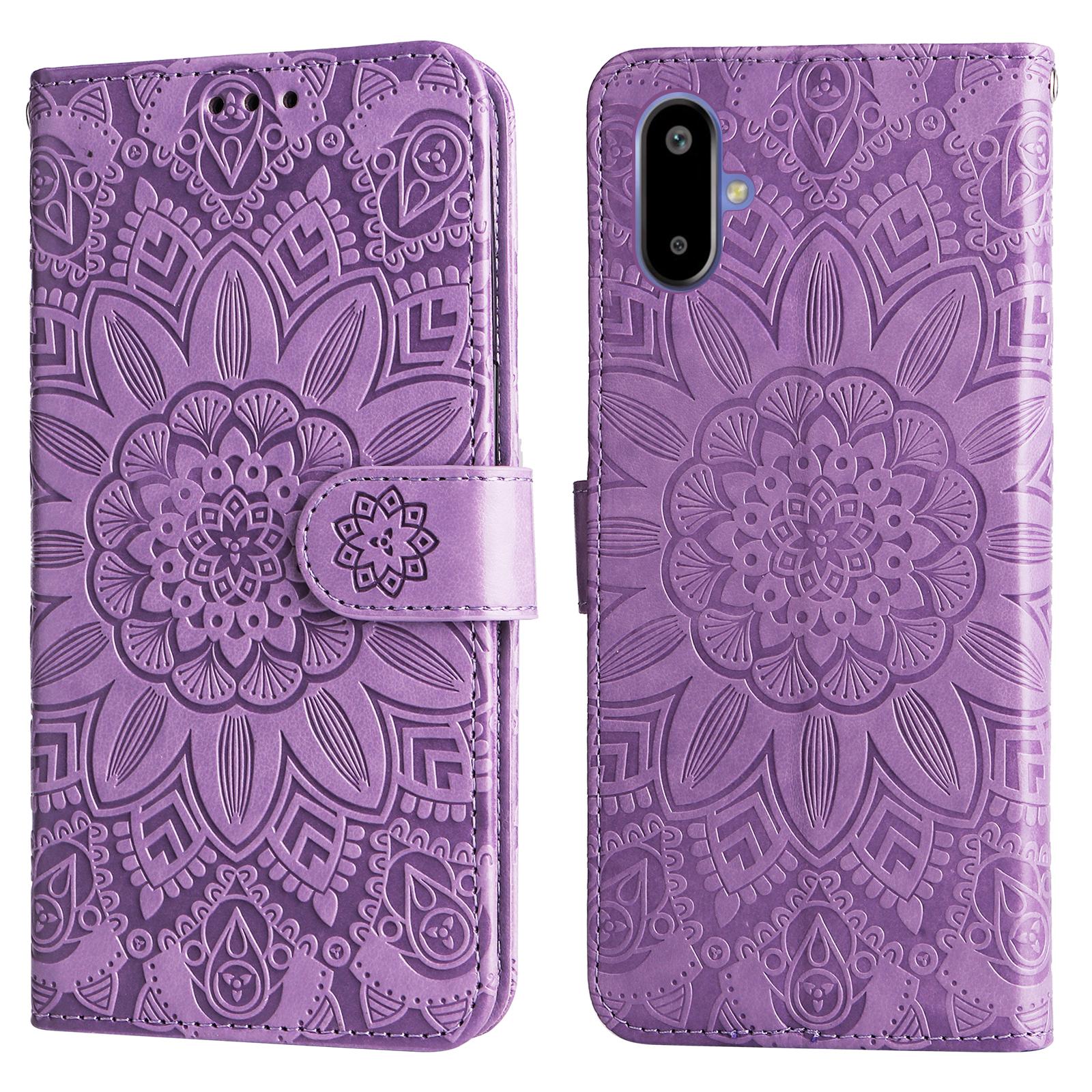 

For Samsung Galaxy F06 5G Case Sunflower Imprint Leather Wallet Phone Cover Purple