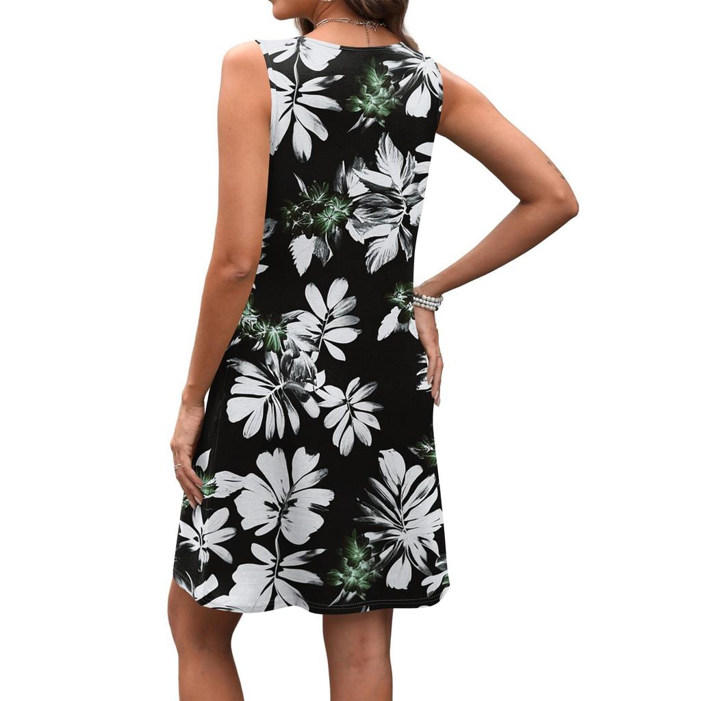 Women's Summer V-neck Casual Beach Vacation Retro Floral Print Sleeveless Patchwork Dress