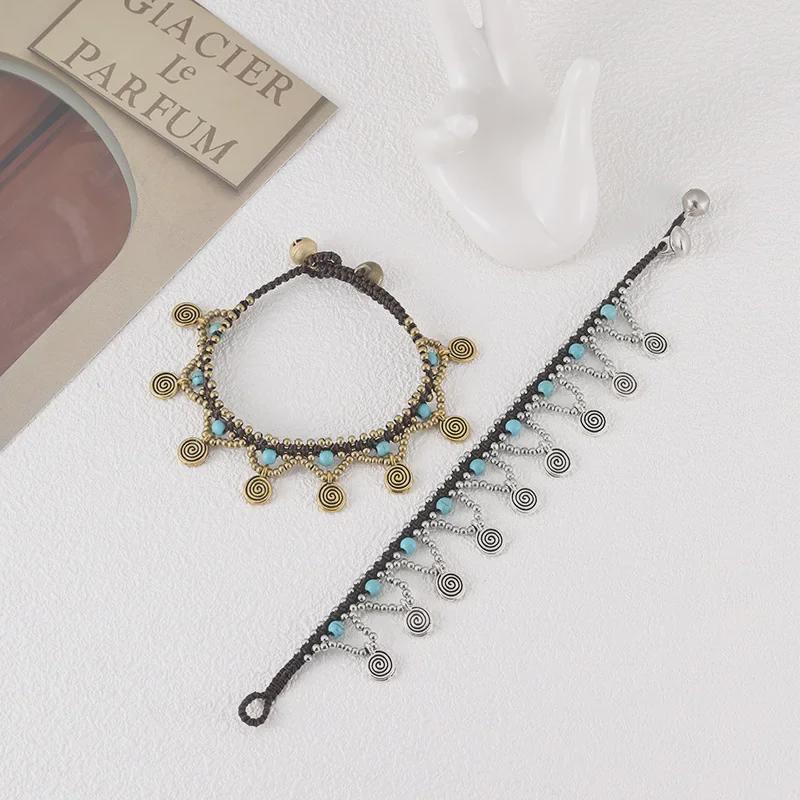 Boho Türkis-Kupfer Perlenarmband mit Wachskordel