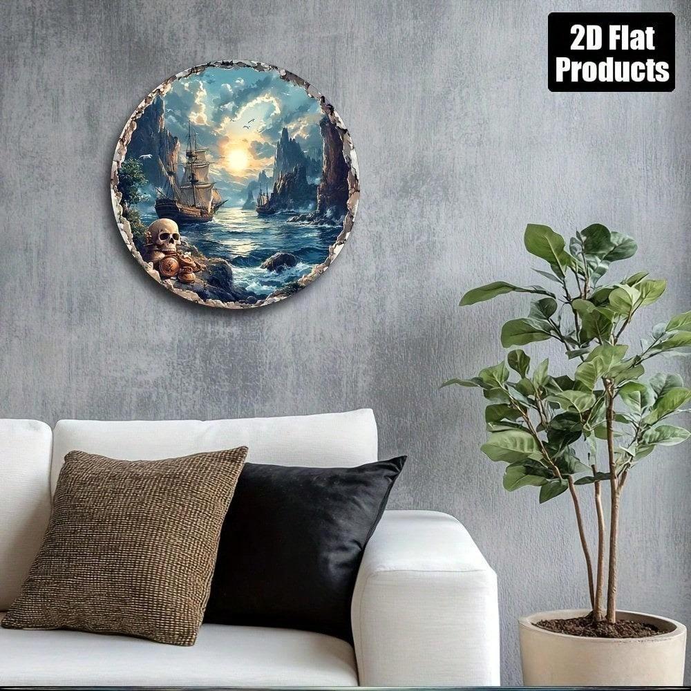 Vintage Retro Metal Sign 8x8 Inch, Round Pirate Bay 2D Flat Aluminum Wall Decor for Home Bar Kitchen Cafe