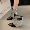 Metal Buckle Mix Color Ankle Boots Women 2025 Autumn Sexy Pointed Toe Medium Heel Modern Boots Y2K Silver Designer Shoes