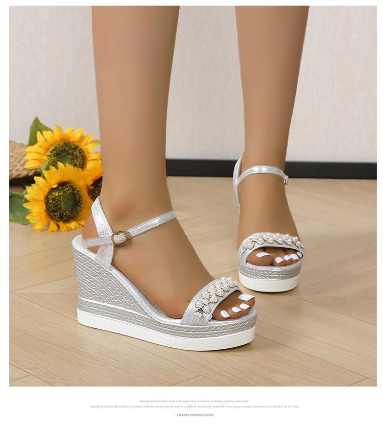 

Модные женские сандалии на платформе 2024 Лето Жемчуг Прозрачные Стразы Высокий каблук Пряжка Модные женские сандалии на танкетке Пляжная обувь 42 серебряный
