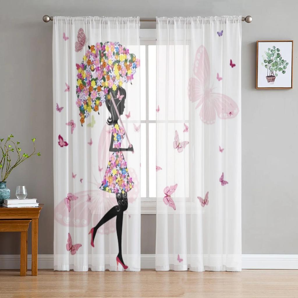 Forest Fairy Flower Butterfly Girl Tulle Curtains Living Room Bedroom Decor Chiffon Voile Kitchen Window Curtain Light Filtering For Made Of Polyester