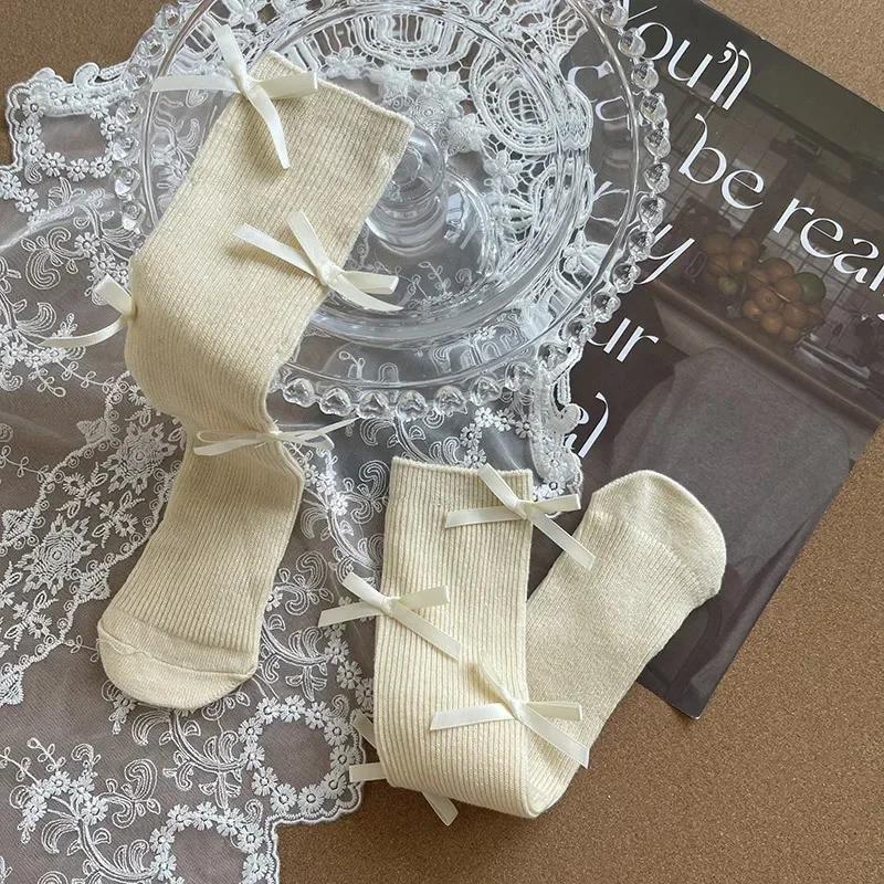 2 Pairs Girls Cotton Tube Socks With Cute Bow Vertical Striped Baby Stockings For Spring Autumn Winter New Arrival