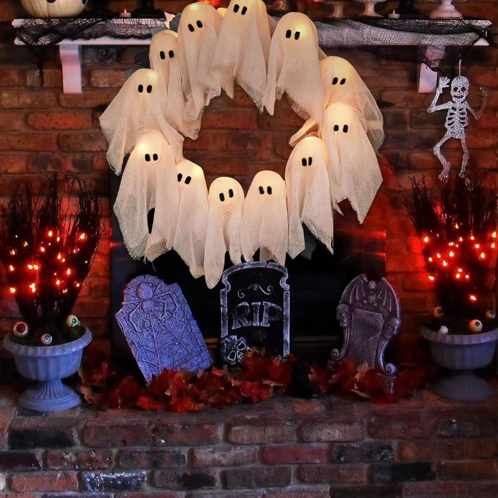 Ghirlanda Fantasma di Halloween per Porta d'Ingresso Ghirlande Decorative Illuminate Decorazione da Appendere per Festa in Casa, Appendiporta Decorazione di Halloween