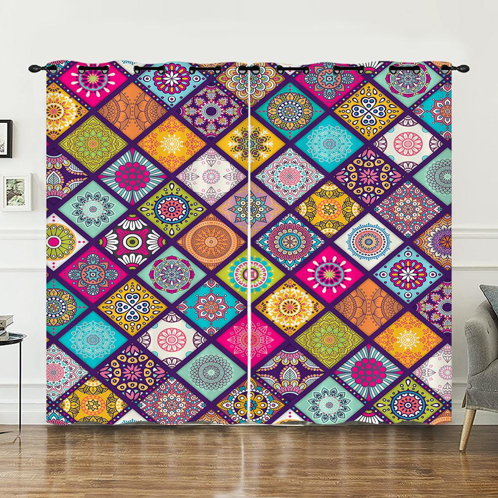 Curtains Bright Bohemian Lattice Sunshade Digital Printing Curtains Blackout No Punching
