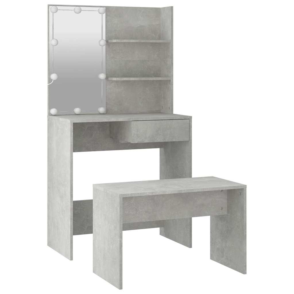 Makeup Table Set with LED Lighting Concrete Grey Wood Based Material