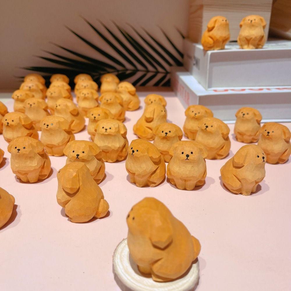 Home Desktop Decorations Handmade Wood Carving Dog Ornament Wooden Cute Handicrafts Puppy Sculpture Decoration Crafts