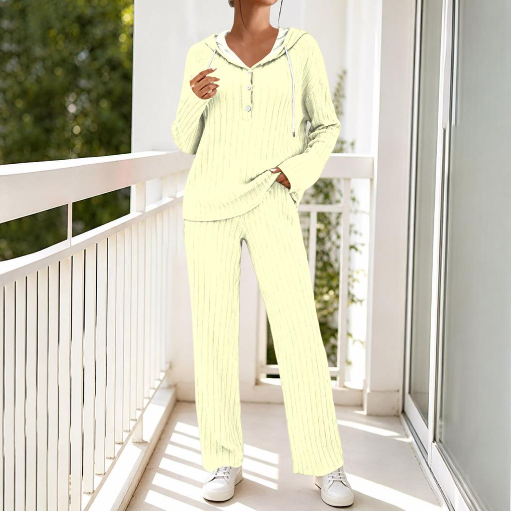 Women's V-Neck Color Loose Fit Long Sleeve Hooded Set with Pockets
