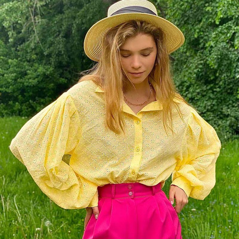 

Fashion Lantern Sleeve Jacquard Shirt Elegant All-Matching Shirt Lantern Sleeve Jacquard Shirt Yellow S