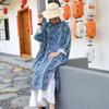 Johnature Women Vintage Stand Print Floral Dress Bat Sleeve Spring Blue A-Line Button Dresses