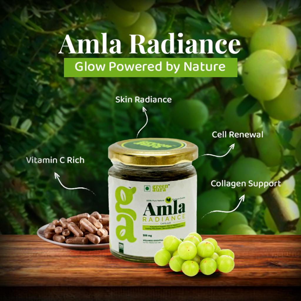 Green Aura Amla Radiance Capsules (30 Capsule) | Natural Vitamin C & Antioxidant Supplement For Glowing Skin | Ayurvedic Herbal Formula Collagen