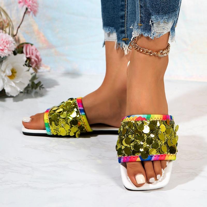 Women's Flat Sequined Sandals New Summer Square Toe Plus Size Slipper