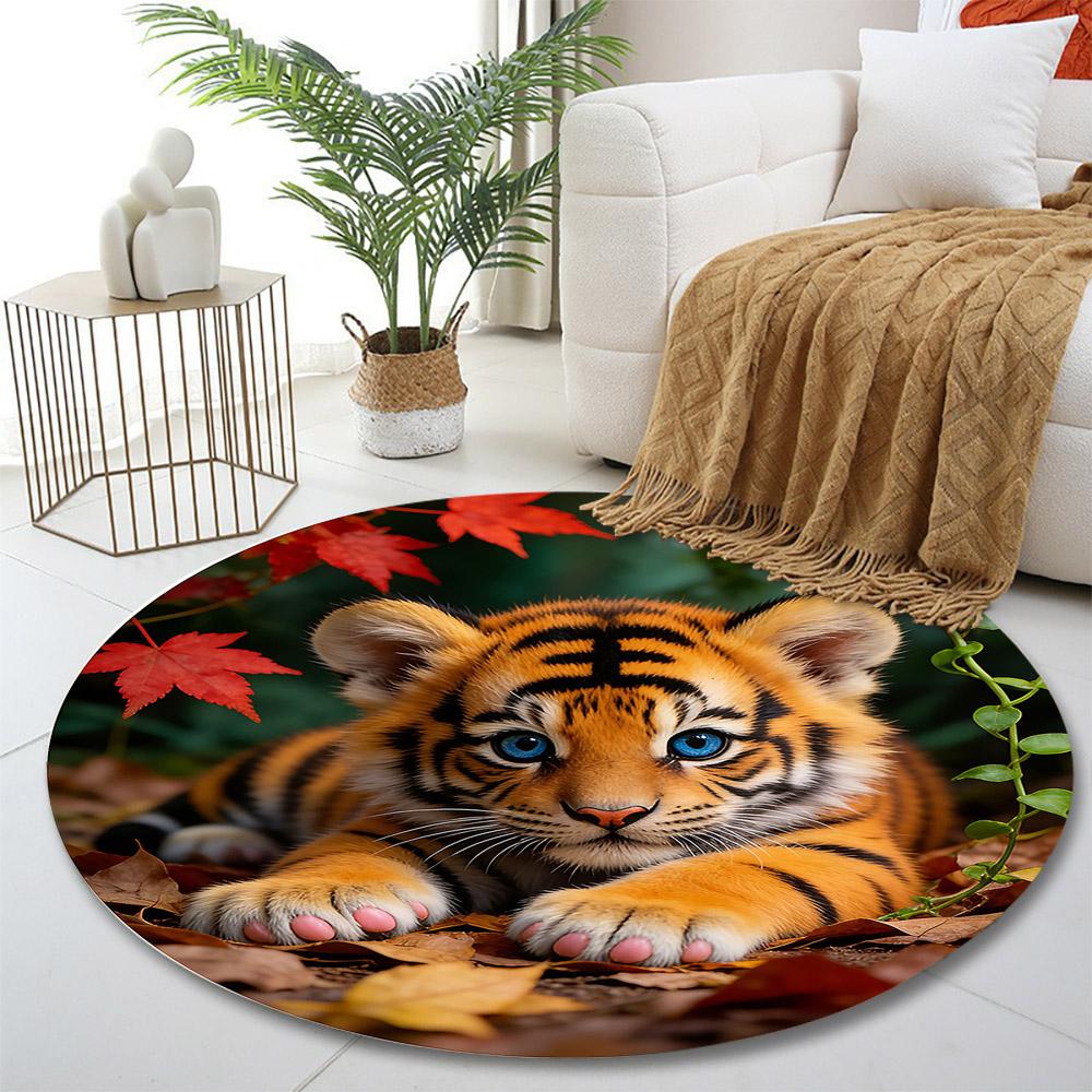 Cute Tiger Cub with Bright Blue Eyes Print round rug, living room, bedroom, playroom carpet, non slip floor mat, gift
