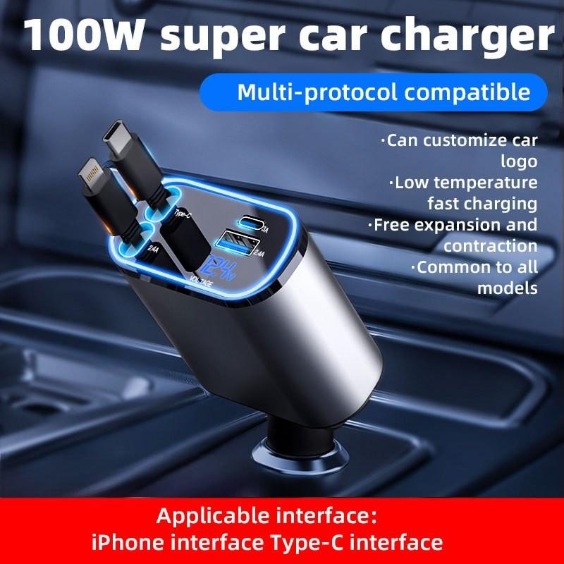 120W 4 In 1 Multi Functional Scalable Cable Car Charger Portable Car Fast Charging Mobile Phone Adapter