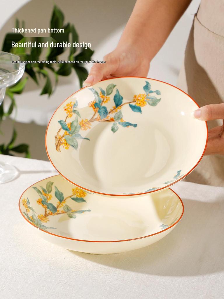 Golden Autumn Osmanthus Ceramic Dinner Plate - Chinese Style Deep Soup and Round Dish 2025 Collection