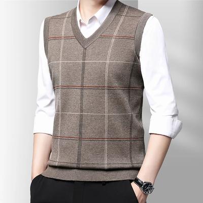 Jesień Zima Męski Pogrubiony Sweter Casualowy Podkoszulek Krata Elastyczny Miękki Męski V-neck Kamizelka